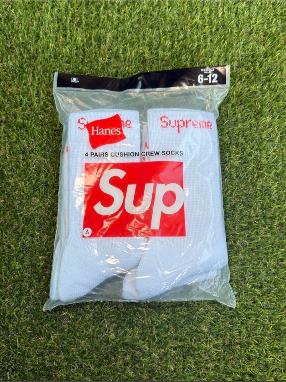 Supreme x Hanes White Crew Socks with Red Logo - 4 Pack